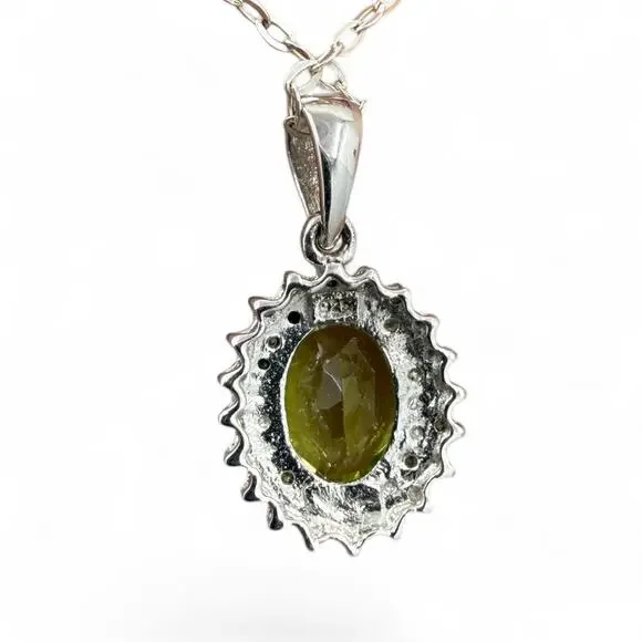Natural Green Peridot Diamond Pendant Necklace 925 Sterling Silver 18in Chain - Picture 3 of 5